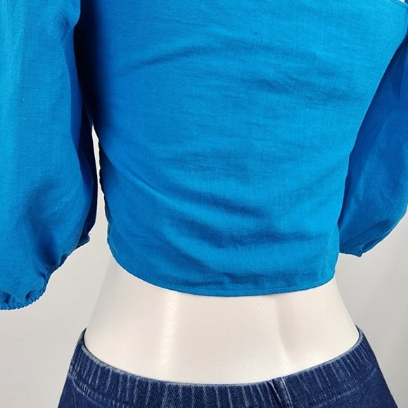 Zara Blue Puff Sleeve Ruched Crop Top - S/M - Picture 2 of 11